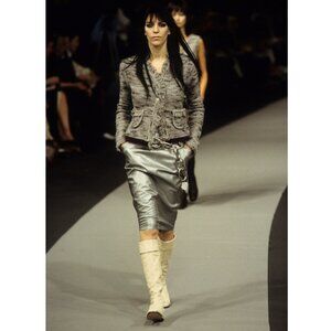 Vintage Chanel 1999 Fall Runway Grey Wool Fringe Sweater - FR 40